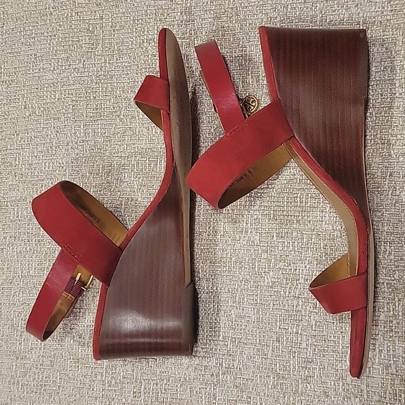 TORY BURCH WEDGED SANDAL MINI BENTON RED SUEDE LEATHER 7M - Picture 3 of 7